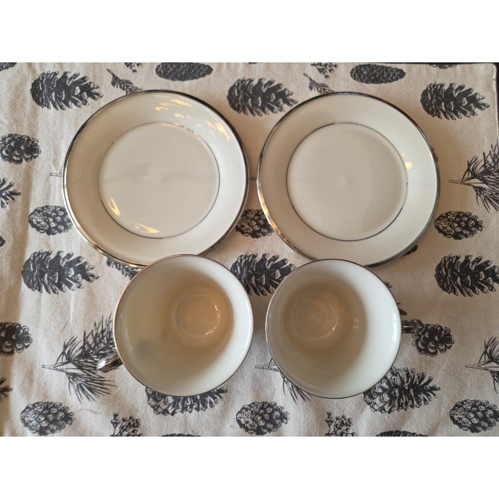 Lenox Solitaire 2 Sets Cup and Saucer Dishwasher Safe Platinum‎ Trim - Picture 2 of 6